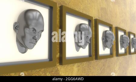 3D-Render. Klonen von humanoiden Gesichtern Stockfoto