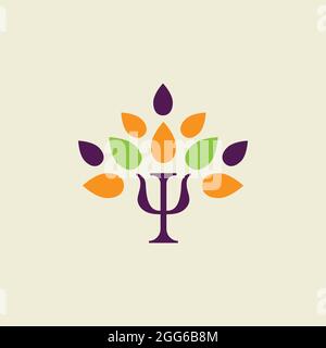 Buchstabe PSI und Baum mit Blättern. Psychologiezeichen. Symbol für flache Therapie. Psychotherapie-Logo. Vektorgrafik minimal Stock Vektor