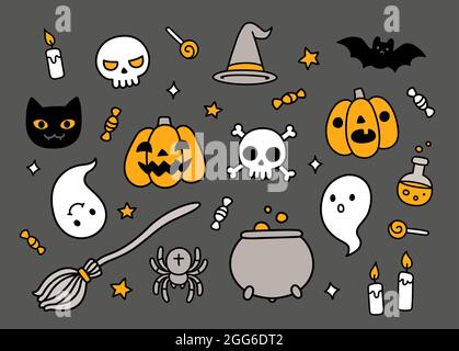 Halloween handgezeichnete Kritzeleien Set. Niedliche Cartoon-Objekte: Kürbisse, Geister, Knochen und Süßigkeiten. Vektorgrafiken für Cliparts. Stock Vektor