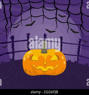 Happy Halloween Vektorgrafik. Gruseliger Kürbis, Vollmond am Himmel, Katzen und fliegende Fledermäuse Stock Vektor