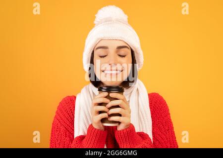 Machen Sie eine warme Pause. Nette Dame im Winter Hut und Schal halten Papier Kaffee Tasse und genießen aromatischen Geruch Stockfoto