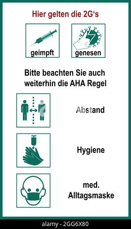 Informationen zur 2G- und AHA-Regel gegen Covid-19, Vektor. Text in deutscher Sprache (die 2G's, geimpft, geborgen gelten hier), (Bitte beachten Sie auch die AHA ru Stock Vektor