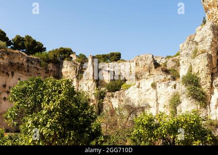 Naturlandschaften der Latomia del Paradiso im Archäologischen Park Neapolis in Syrakus, Sizilien, Italien. Stockfoto