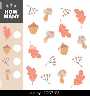 Zählen pädagogische Kinder Spiel, Mathematik Kinder Aktivitätsblatt. Wie viele Objekte werden ausgeführt. Wald Herbstblätter und Pilze Stock Vektor