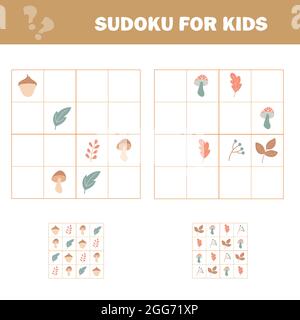 Eine Reihe von Aufgaben für die Entwicklung des logischen Denkens von Kindern. Sudoku mit Bildern ist Bildung Spiel. Herbstthema. Stock Vektor