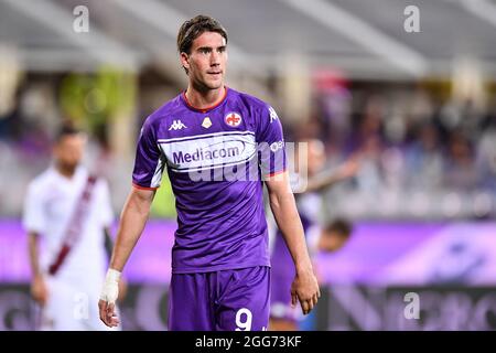 Florenz, Italien. August 2021. Dusan Vlahovic (Fiorentina) während ACF Fiorentina vs Turin FC, Italienische Fußballserie A Spiel in Florenz, Italien, August 28 2021 Quelle: Independent Photo Agency/Alamy Live News Stockfoto