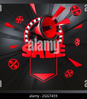 3d-Darstellung eines Rabattsbanners auf dunklem Hintergrund mit einer leuchtend roten Aufschrift Sale, mit einem Megaphon in einem beleuchteten Ring Stockfoto