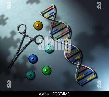 Genetische Medizin. Bunte Augäpfel, DNA, Chirurgie Scheren Instrument. 3D-Rendering Stockfoto