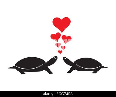 Schildkröten Silhouetten und rote Herzen Illustration, Vektor. Schildkröte Cartoon Illustration isoliert auf weißem Hintergrund. Romantisches, minimalistisches Kunstdesign Stock Vektor
