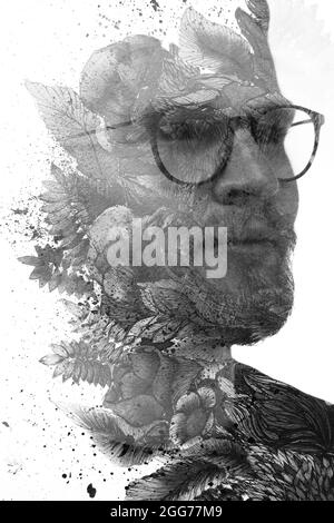 Paintographie. Schwarz-Weiß-Porträt eines Mannes kombiniert mit Blumen. Stockfoto