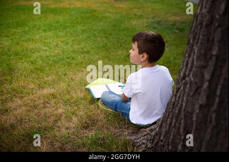 Rückansicht eines glücklichen Schuljungen, der sich nach der Schule ausruhte, auf dem grünen Gras des Stadtparks saß, sich an einen Baum lehnte, seine Hausaufgaben machte und sein konnte Stockfoto