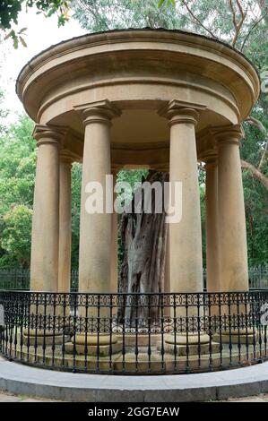 Guernika, Spanien; 12. August 2021: Baum der Stadt Guernica, geschützt durch Steinsäulen und einen eisernen Zaun und überdacht mit einer Hauptstadt. Im Hinterteil Stockfoto
