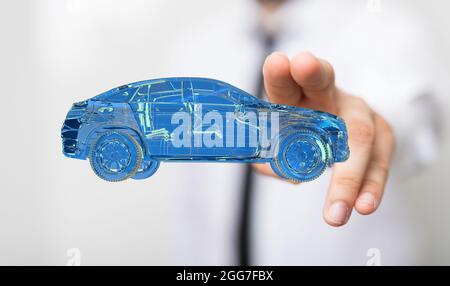 Ein blau gerendertes Auto in 3D mit einer Person, die darauf zeigt Stockfoto