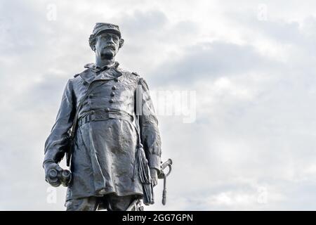 Gettysburg, PA - 9. September 2020: Diese Statue des Generalmajors Abner Doubleday ist von John Massey Rhind. General Doubleday feuerte den ersten Schuss in der Verteidigung o Stockfoto