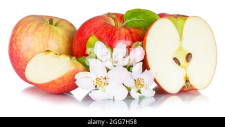 Äpfel Früchte rote Apfelfrüchte mit Blättern isoliert auf einem weißen Hintergrund in Scheiben geschnitten Stockfoto
