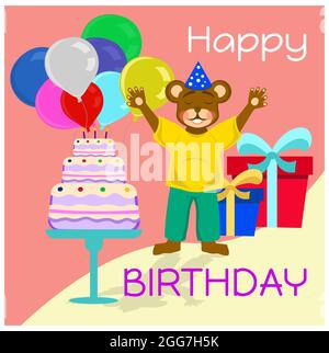 Geburtstagskarte mit Teddybär, Kuchen und farbigen Ballons Stock Vektor