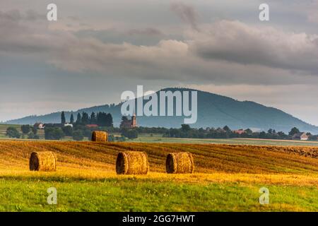 Landwirtschaftliches Feld mit Heuhaufen, Stapel von runden Heuballen und Dorfszene im Hintergrund. Heubälle auf einem Feld, in Rumänien. Stockfoto