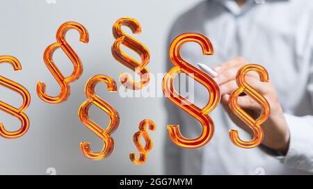 Ein in 3D gerenderter goldener Abschnitt weist eine Person im Hintergrund auf - Gesetz- und Justizkonzept Stockfoto