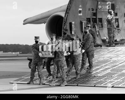 Ein U.S. Marine Corps Carry Team überträgt die Überreste der Marine CPL. Brandon J. Alvarez von Newbury Park, Kalifornien, 10. Juni 2021 auf der Dover Air Force Base, Delaware. Alvarez wurde fast Co., Central Marine Corps Security Force Regiment, Bahrain, zugewiesen. (USA Luftwaffe Foto von Jason Minto) Stockfoto