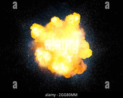 Realistische Feuerbombenexplosion mit Funken isoliert auf schwarzem Hintergrund Stockfoto