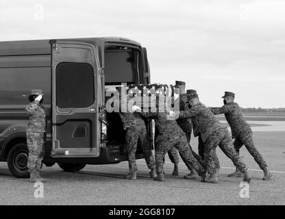 Ein U.S. Marine Corps Carry Team überträgt die Überreste der Marine CPL. Brandon J. Alvarez von Newbury Park, Kalifornien, 10. Juni 2021 auf der Dover Air Force Base, Delaware. Alvarez wurde fast Co., Central Marine Corps Security Force Regiment, Bahrain, zugewiesen. (USA Luftwaffe Foto von Jason Minto) Stockfoto