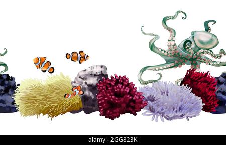 Unterwasserwesen, Clownfische, Kraken, Anemonen, Korallen. Aquarell nahtloser Rand Stockfoto