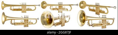 Set Sammlung von golden glänzend metallischen Messing Trompete Musikinstrument isoliert auf weißem Hintergrund. Musikalische Ntertainment Band Konzept. Stockfoto
