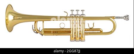 Golden glänzend metallisch Messing Trompete Musikinstrument isoliert auf weißem Hintergrund. Musikalische Ausrüstung Unterhaltung Orchester Band Konzept. Stockfoto