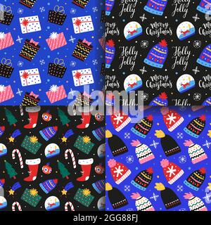 2021 Weihnachts-Ornamente-Musterset, weihnachtsgeschenke, Glaskugeln mit Rentier, skandinavische Illustrationen mit Schriftzug, nahtloses Geschenkpapier Stock Vektor
