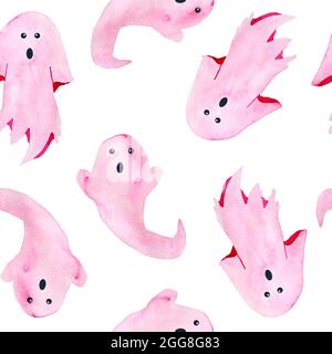 Handgezeichnetes Aquarell nahtlose Muster der Halloween Herbst pastellfarbenen sanften rosa Geister Erscheinungen auf weißem Hintergrund. Horror Gothic Karten, Einladung, Halloween Design, Prints. Niedliche Kawaii Malerei für Mädchen Stockfoto