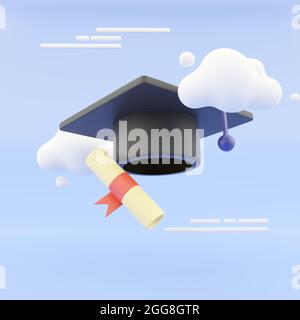 Abschlusshut und Diplomfilm-Stil mit Wolken auf abstraktem Hintergrund. 3D-Illustration. 3D-Rendering. Stockfoto