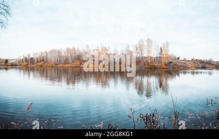 Atmosphärischer Herbstteich mit Birkenwald am Ufer Stockfoto
