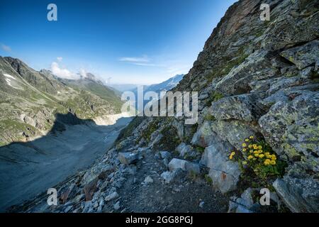 Auf dem Weg von der Hütte Cabane du Mountet bei Zinal, Schweiz, Alpen hinauf/hinunter Stockfoto