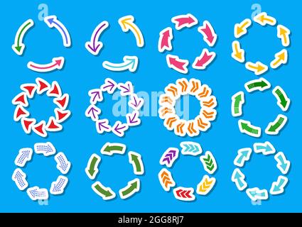 Kreisförmige Pfeile Aufkleber Etikett bunt, verschiedene Dicke. Lade-und Recycling-Symbol. Loop Refresh Reload und Drehzeichen gesetzt. Infografik Design-Elemente, Geschäftsstrategie Statistiken Diagramme Stock Vektor
