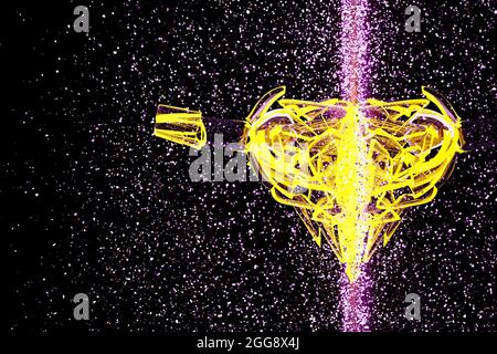 3d-Rendering eines gebrochenen, gelb beleuchteten Weins eine Flasche mit vielen Fragmenten, die in verschiedene Richtungen auf einem schwarzen Hintergrund fliegen. Stockfoto