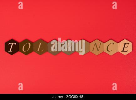 Sechseckige Holzfliesen in Hauttönen Farbverlauf mit Text Toleranz. Sozial- und Geschäftskonzept Stockfoto