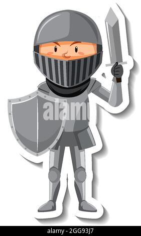 Ritter in Rüstung mit Schwert und Schild Cartoon Aufkleber Illustration Stock Vektor