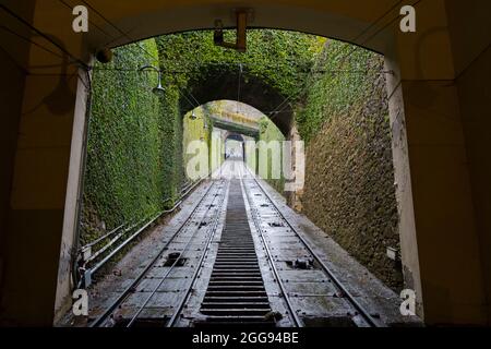 An einem nassen Nachmittag können Sie die Bahn-, Bahn- und Seilbahn-Steigungsstrecke Funicolare hochschauen. Auf dem Weg zum Abschnitt Città Alta von Bergamo, Norditalien. Stockfoto