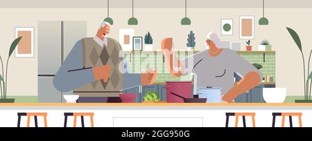 Glückliches Seniorenpaar, das zu Hause gesunde Lebensmittel zubereitet Großeltern kochen gemeinsam im Alter Konzept Stock Vektor