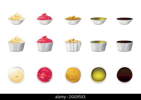 Große Sauce in Schüsseln gesetzt. Soja, Olivenöl, Senf, Ketchup- und Mayonnaise-Saucen. Gewürzelemente für die Lebensmittelgestaltung. Stock Vektor