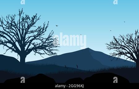 Eine fantastische Aussicht auf die Berge mit trockenen Baumsilhouetten vom Rand der Stadt bei Sonnenaufgang. Vektordarstellung einer Stadt Stock Vektor