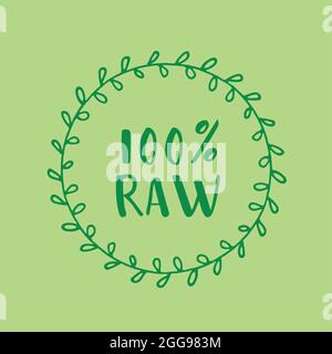 100 % rohes grünes Blatt Wort Text Logo-Symbol Stock Vektor