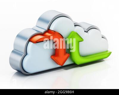 Hochladen und Herunterladen von Pfeilen und Wolkenform. 3D-Illustration. Stockfoto