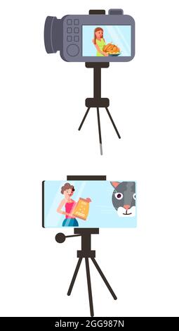 Videoinhalte für Live-Streaming Broadcast Social Media Networking Konzept. Freiberuflicher Mitarbeiter erstellt einen Live-Blog für die ganze Familie. Flache Vektorgrafik Stock Vektor