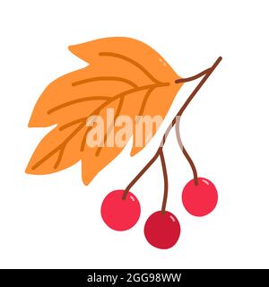 Zweig mit Preiselbeeren und goldenen Blättern isoliert auf weißem Hintergrund. Vektor handgezeichnete Illustration in Cartoon-Flat-Stil. Perfekt für Ihr Projekt, Karten, Logo, Dekorationen. Stock Vektor