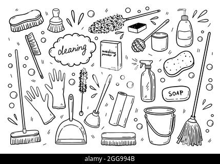 Set von verschiedenen Artikeln für die Reinigung - Mops, Besen, Bürsten, Reinigungsmittel und andere. Arbeitsgeräte zum Kehren, Waschen, Hygiene, Sauberhalten des Hauses. Vektor-handgezeichnete Illustration im Doodle-Stil Stock Vektor