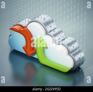 Hochladen und Herunterladen von Pfeilen und Wolkenform. 3D-Illustration. Stockfoto