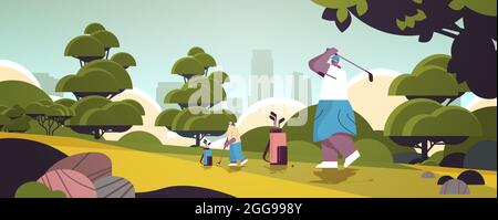 Ältere Menschen spielen Golf auf grünen Golfplatz im Alter von afroamerikanischen Spielern, die einen Schuss aktives Alter Stock Vektor