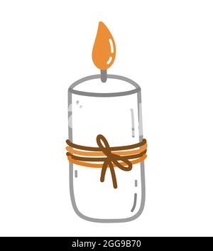 Brennende Duftkerze isoliert auf weißem Hintergrund. Niedliche Vektor-handgezeichnete Illustration im Doodle-Stil. Aromatherapie, Entspannungsdesign-Element. Perfekt für Karten, Logo, Herbstdesigns, Dekorationen. Stock Vektor