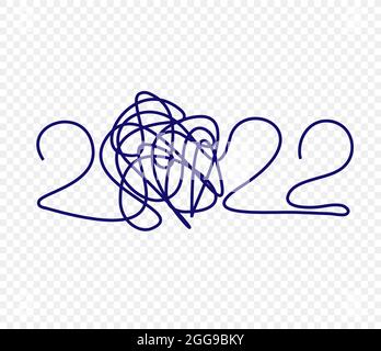 Happy New Year 2022 Stift Linie Design, chaotische Doodle Marker weihnachten Cover, gekrümmten Pinsel kritzeln Neujahr Zahlen, Faden Knoten Zahlen für den Gruß Stock Vektor